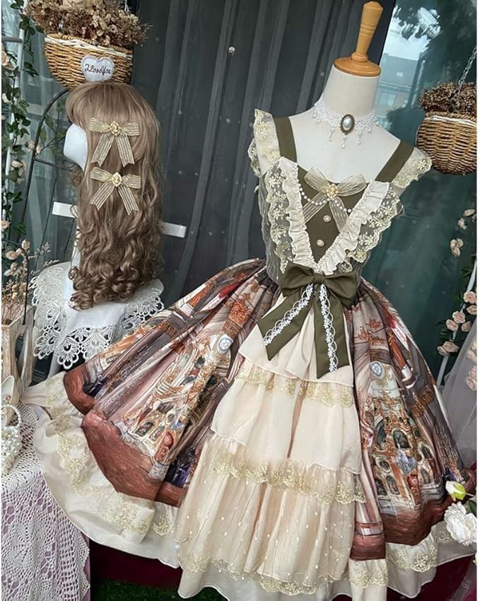 Cap-Sleeve Square Neck Print Lace Panel Bow Accent Tiered Midi A-Line Dress / Arm Sleeves / Set