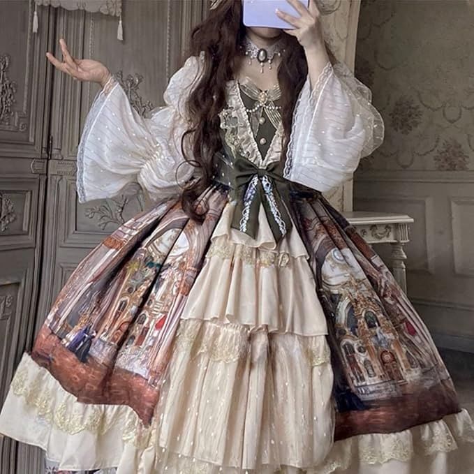 Cap-Sleeve Square Neck Print Lace Panel Bow Accent Tiered Midi A-Line Dress / Arm Sleeves / Set