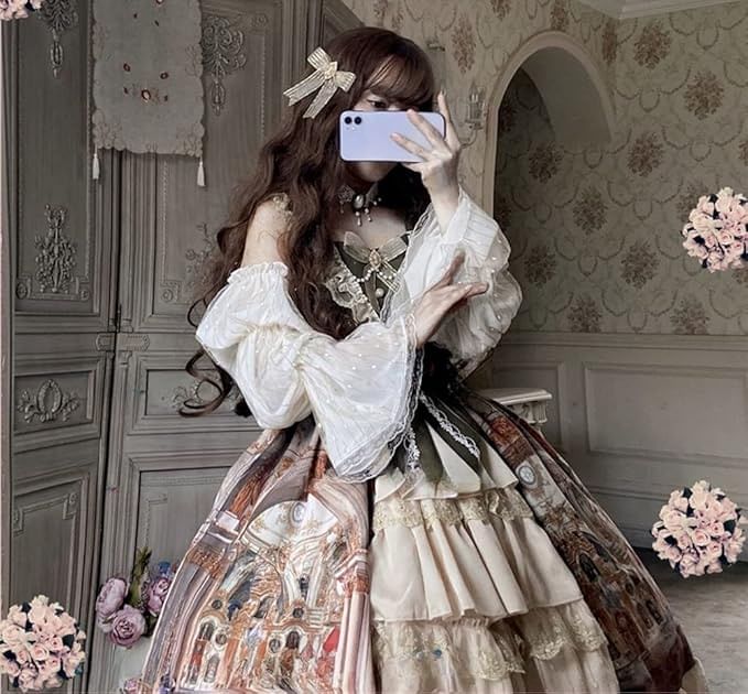 Cap-Sleeve Square Neck Print Lace Panel Bow Accent Tiered Midi A-Line Dress / Arm Sleeves / Set