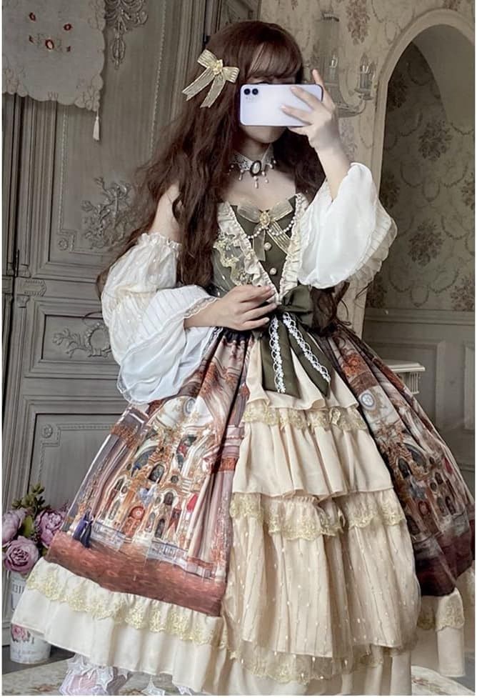 Cap-Sleeve Square Neck Print Lace Panel Bow Accent Tiered Midi A-Line Dress / Arm Sleeves / Set