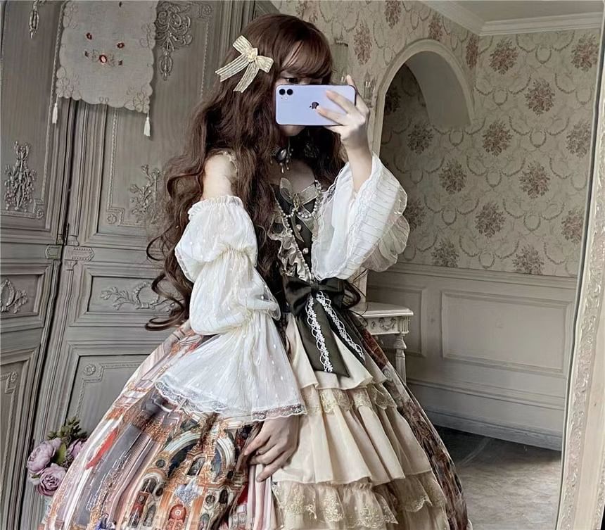 Cap-Sleeve Square Neck Print Lace Panel Bow Accent Tiered Midi A-Line Dress / Arm Sleeves / Set