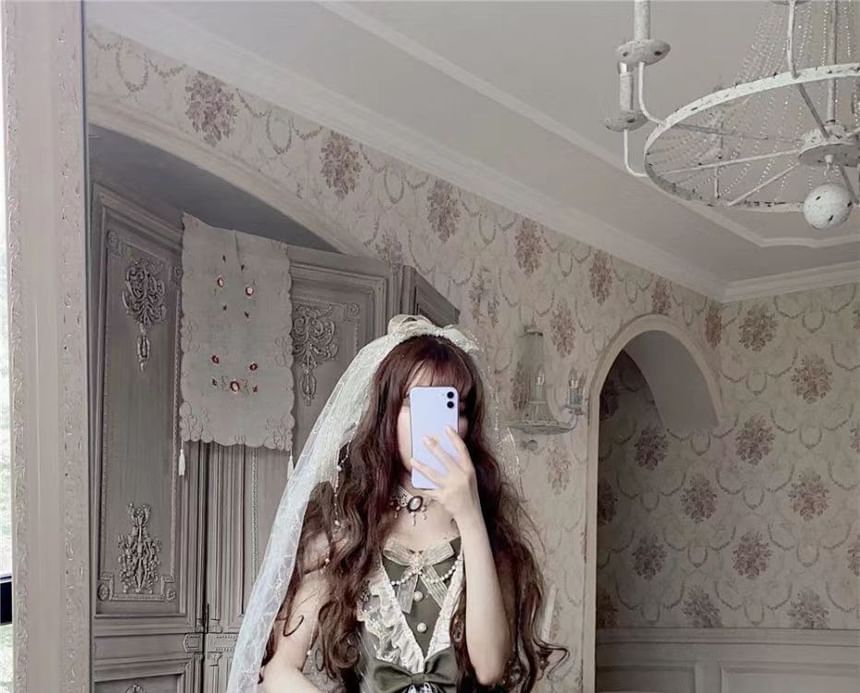 Cap-Sleeve Square Neck Print Lace Panel Bow Accent Tiered Midi A-Line Dress / Arm Sleeves / Set