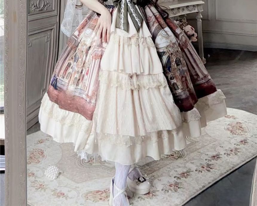 Cap-Sleeve Square Neck Print Lace Panel Bow Accent Tiered Midi A-Line Dress / Arm Sleeves / Set