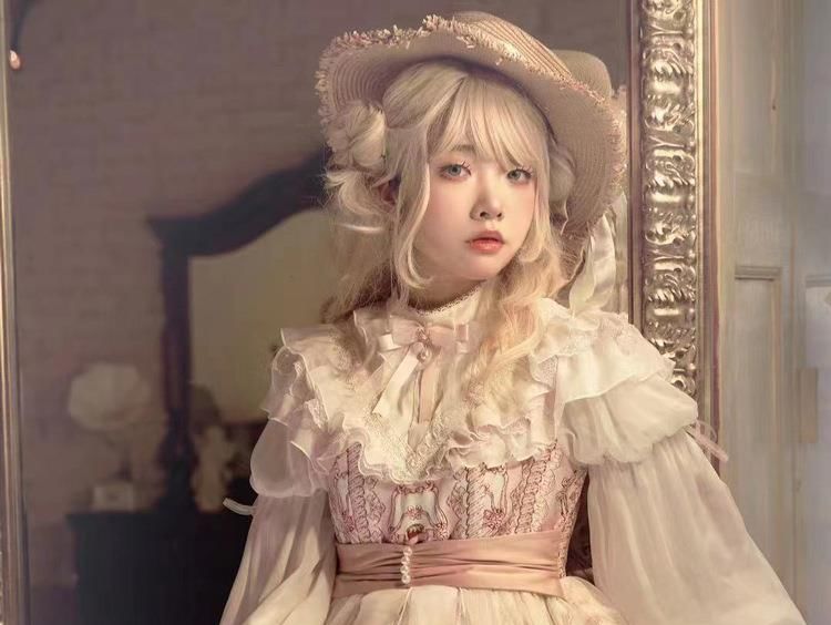 Long-Sleeve Stand Collar Strawberry Print Sheer Panel Bow Accent Ruffle Trim A-Line Dress / Straw Hat / Set