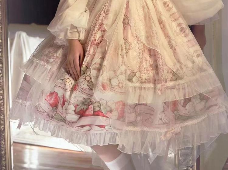 Long-Sleeve Stand Collar Strawberry Print Sheer Panel Bow Accent Ruffle Trim A-Line Dress / Straw Hat / Set