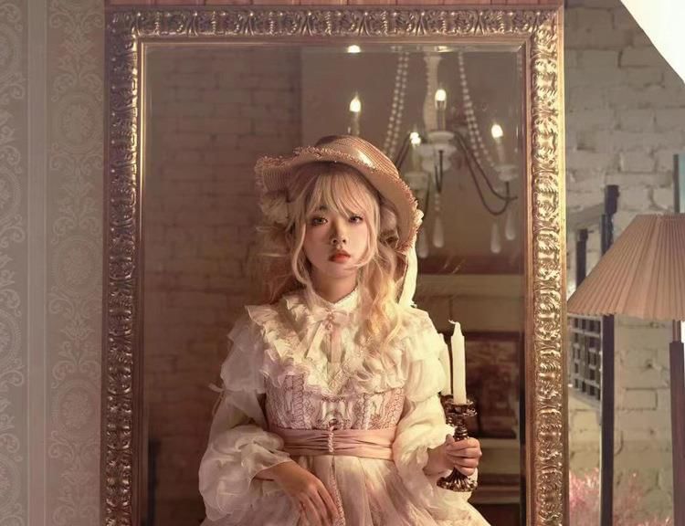 Long-Sleeve Stand Collar Strawberry Print Sheer Panel Bow Accent Ruffle Trim A-Line Dress / Straw Hat / Set