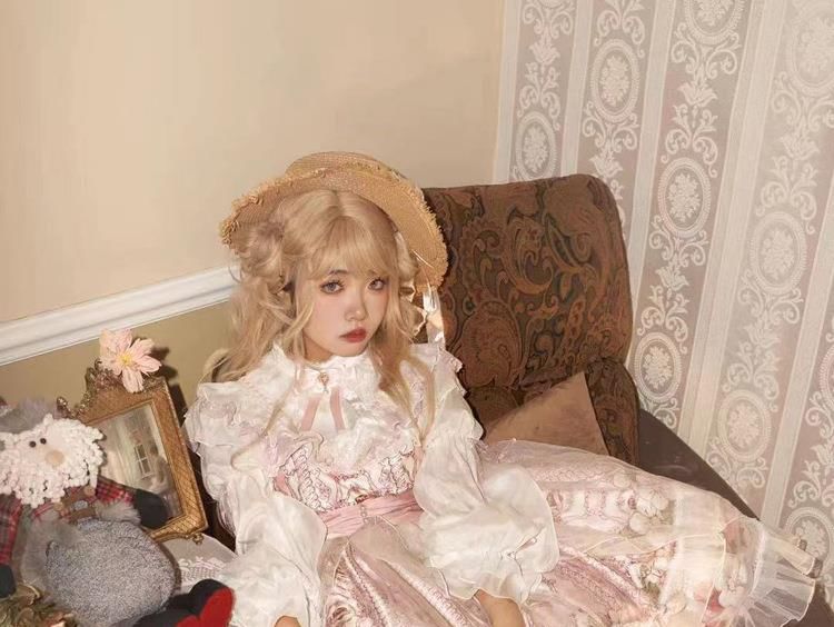 Long-Sleeve Stand Collar Strawberry Print Sheer Panel Bow Accent Ruffle Trim A-Line Dress / Straw Hat / Set