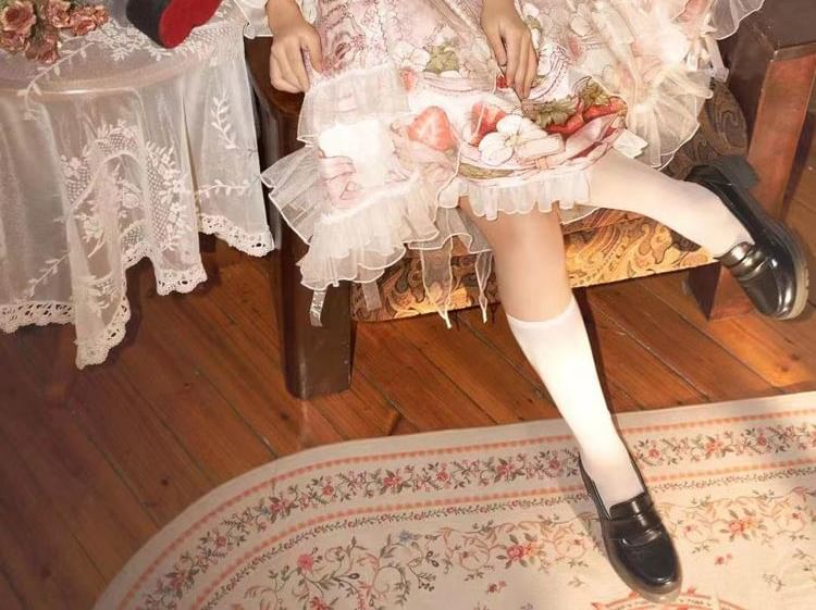 Long-Sleeve Stand Collar Strawberry Print Sheer Panel Bow Accent Ruffle Trim A-Line Dress / Straw Hat / Set