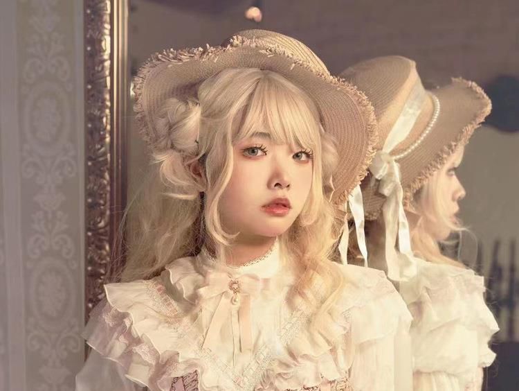 Long-Sleeve Stand Collar Strawberry Print Sheer Panel Bow Accent Ruffle Trim A-Line Dress / Straw Hat / Set