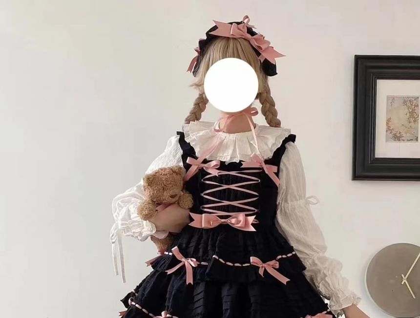 Square Neck Bow Accent Frill Trim Pintuck Tiered A-Line Overall Dress