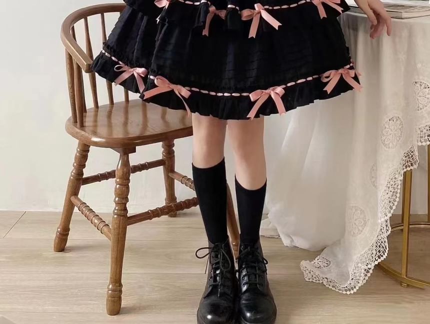 Square Neck Bow Accent Frill Trim Pintuck Tiered A-Line Overall Dress