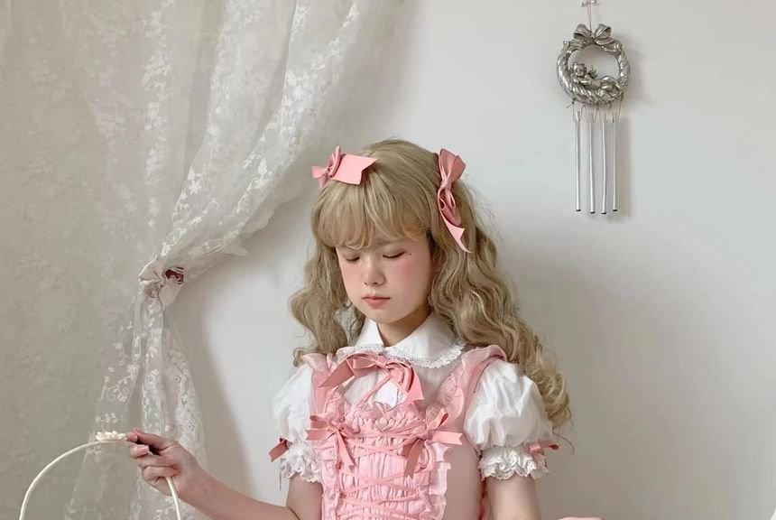 Square Neck Bow Accent Frill Trim Pintuck Tiered A-Line Overall Dress