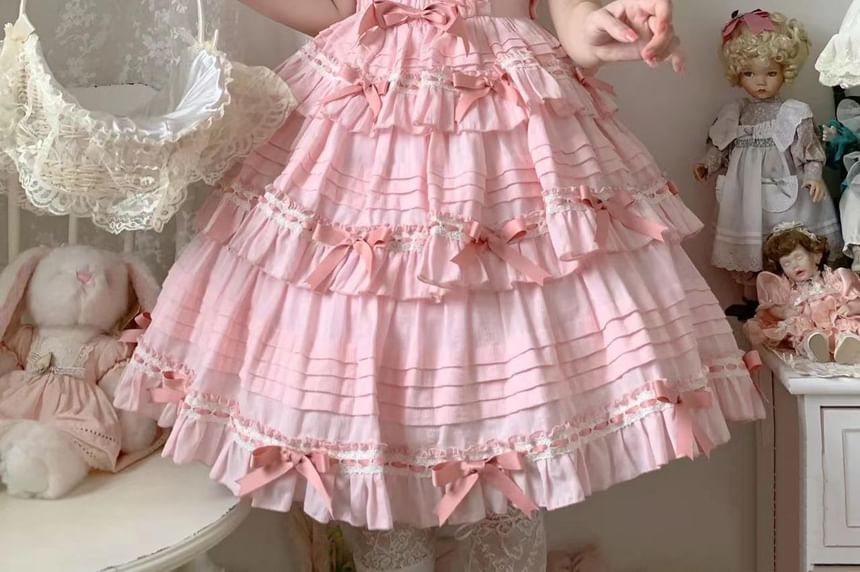 Square Neck Bow Accent Frill Trim Pintuck Tiered A-Line Overall Dress