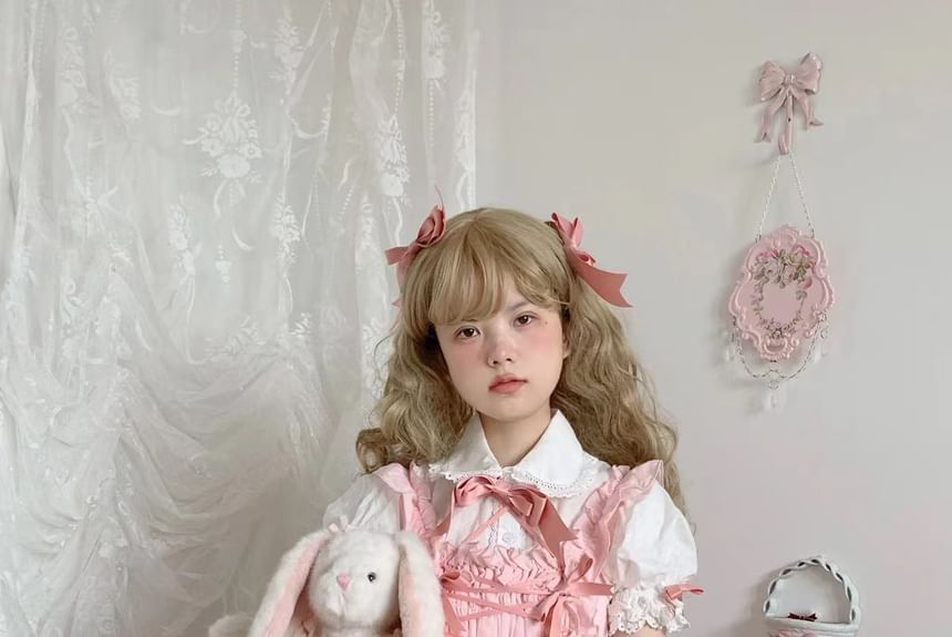 Square Neck Bow Accent Frill Trim Pintuck Tiered A-Line Overall Dress