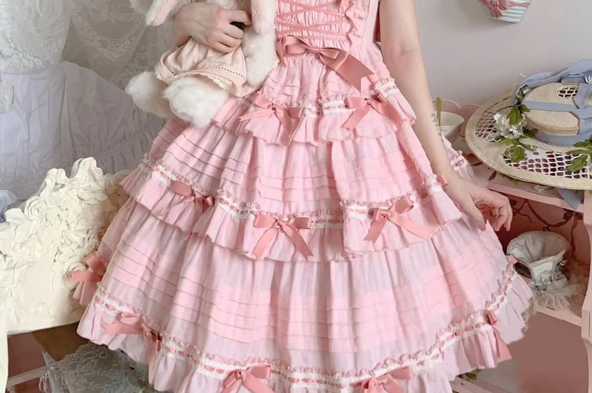 Square Neck Bow Accent Frill Trim Pintuck Tiered A-Line Overall Dress