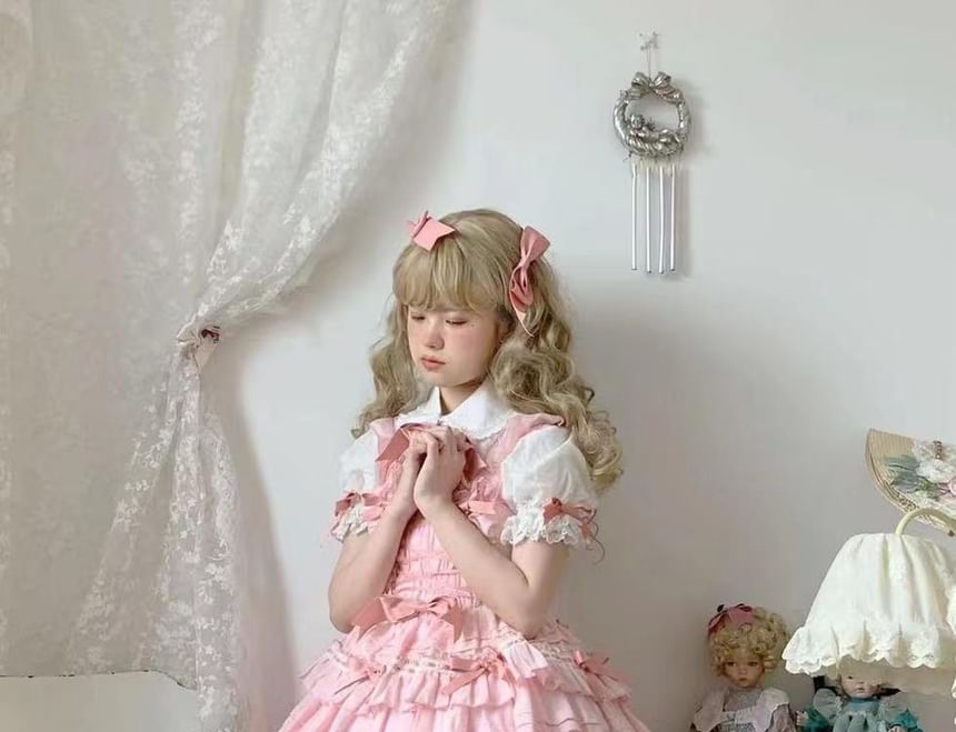 Square Neck Bow Accent Frill Trim Pintuck Tiered A-Line Overall Dress