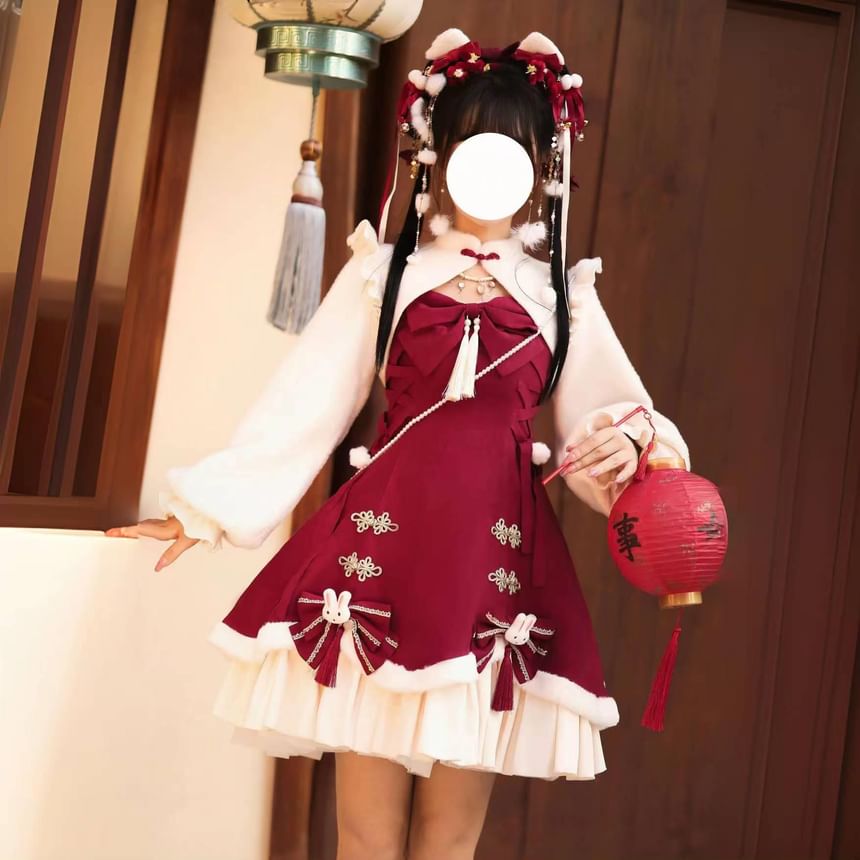 Spaghetti Strap Bow Accent Tassel Layered Lace-Up Mini A-Line Dress / Stand Collar Plain Ruffle Trim Frog Buttoned Shrug / Set