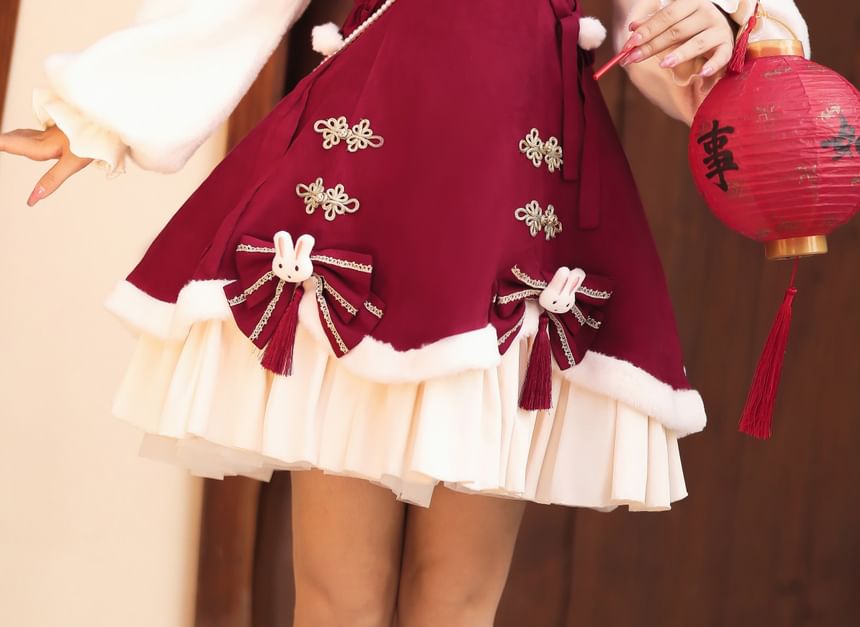 Spaghetti Strap Bow Accent Tassel Layered Lace-Up Mini A-Line Dress / Stand Collar Plain Ruffle Trim Frog Buttoned Shrug / Set