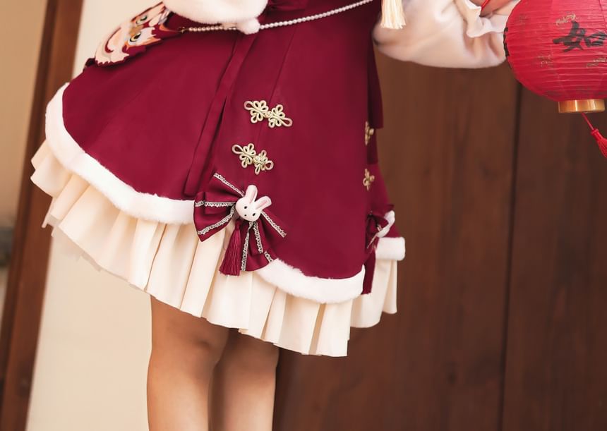 Spaghetti Strap Bow Accent Tassel Layered Lace-Up Mini A-Line Dress / Stand Collar Plain Ruffle Trim Frog Buttoned Shrug / Set