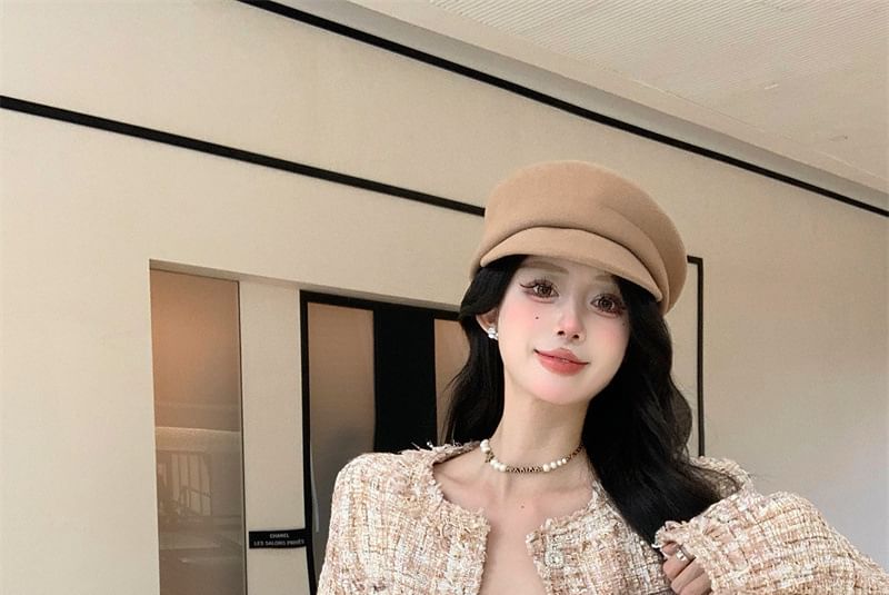 Cropped Neck Round Button Jacket Tweed