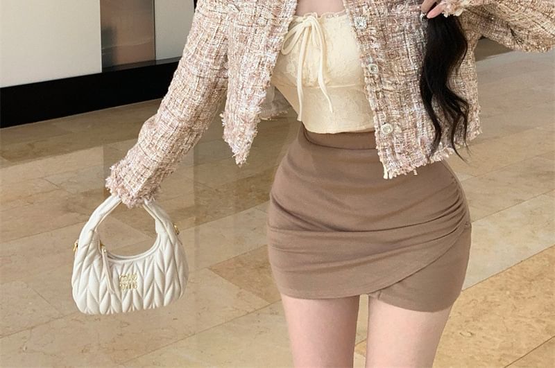 Cropped Neck Round Button Jacket Tweed