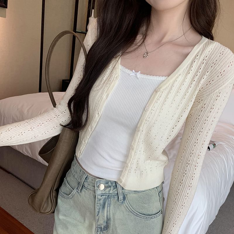 Plain V-Neck Button-Up Cardigan