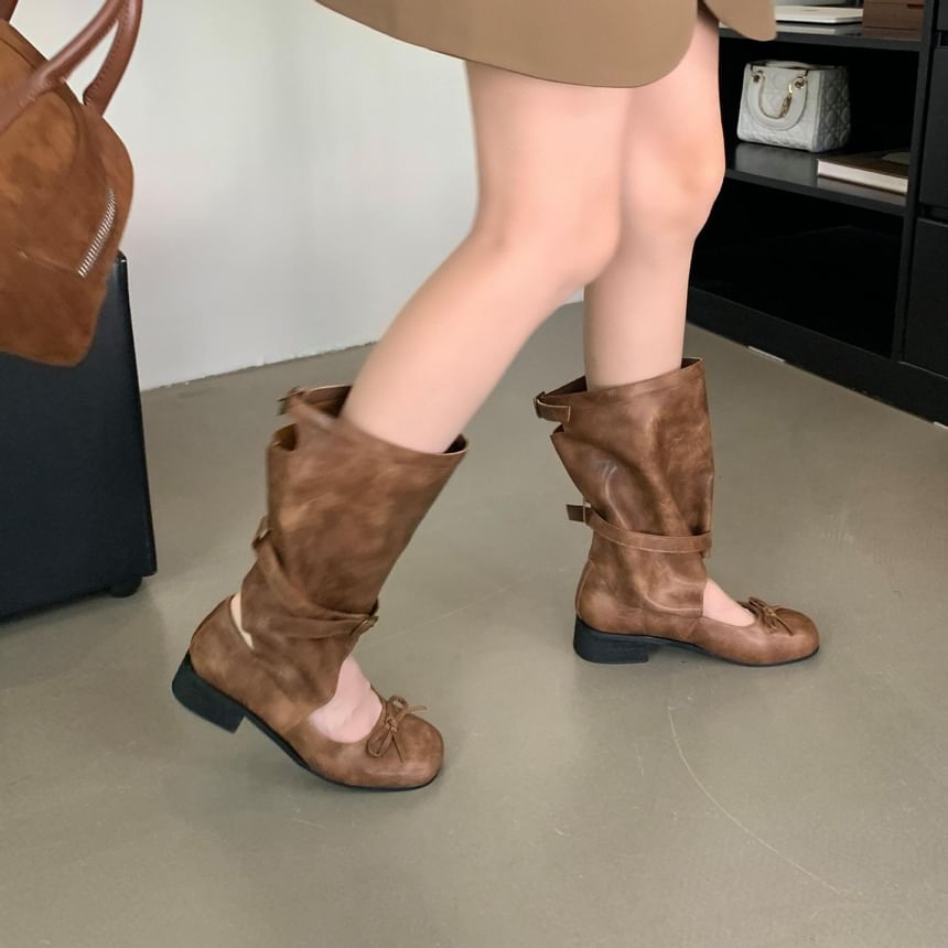 Low Heel Cutout Bowknot Mid Calf Boots