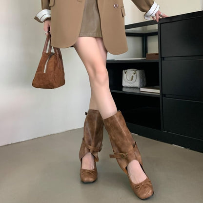 Low Heel Cutout Bowknot Mid Calf Boots