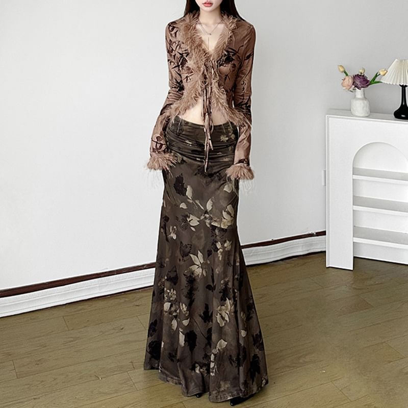 Cardigan Maxi Skirt Mermaid-Hem Furry-Trim Sleeve Print Graphic Light / Rise Low Long