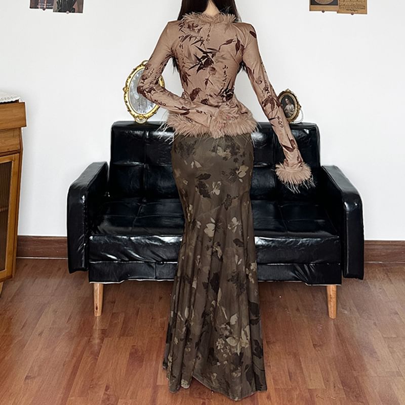 Cardigan Maxi Skirt Mermaid-Hem Furry-Trim Sleeve Print Graphic Light / Rise Low Long