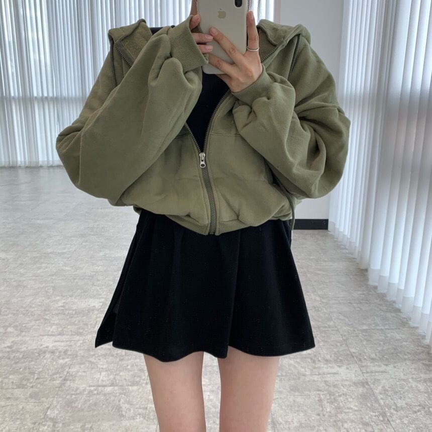 Drop Shoulder Plain Zip Up Cropped Hoodie