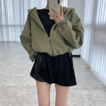 Drop Shoulder Plain Zip Up Cropped Hoodie