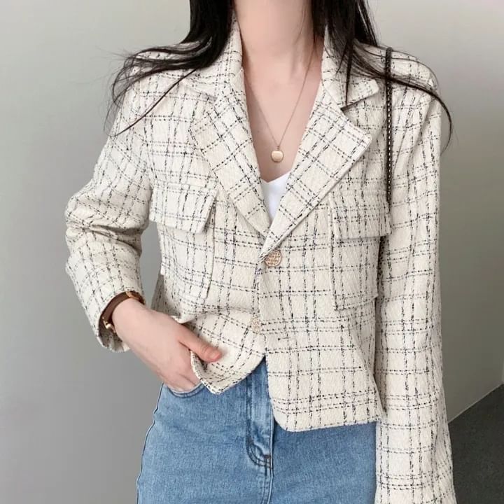 Lapel Collar Plaid Tweed Cropped Button Jacket