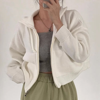 Drop Shoulder Plain Zip Up Cropped Knit Hoodie