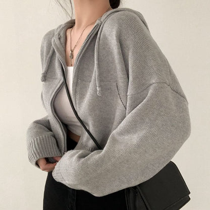 Drop Shoulder Plain Zip Up Cropped Knit Hoodie