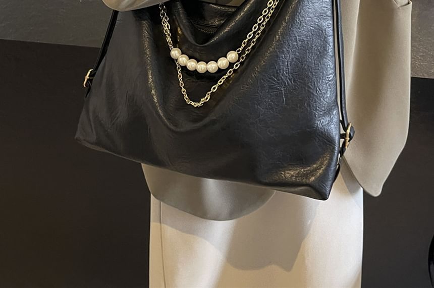 Faux Leather Plain Zip Chained Shoulder Bag