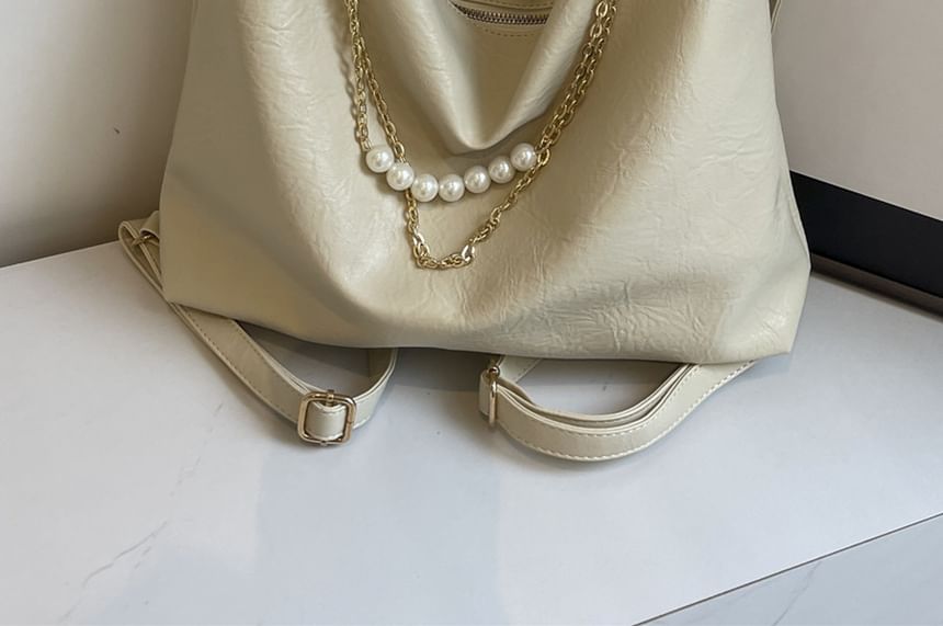 Faux Leather Plain Zip Chained Shoulder Bag