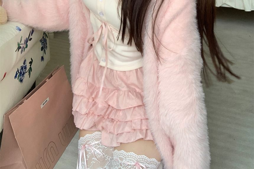 / Plain Ruffle Cami Cardigan Lace A-Line Open Front Waist Top Mini Trim Skirt High Fluffy