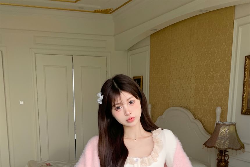 / Plain Ruffle Cami Cardigan Lace A-Line Open Front Waist Top Mini Trim Skirt High Fluffy