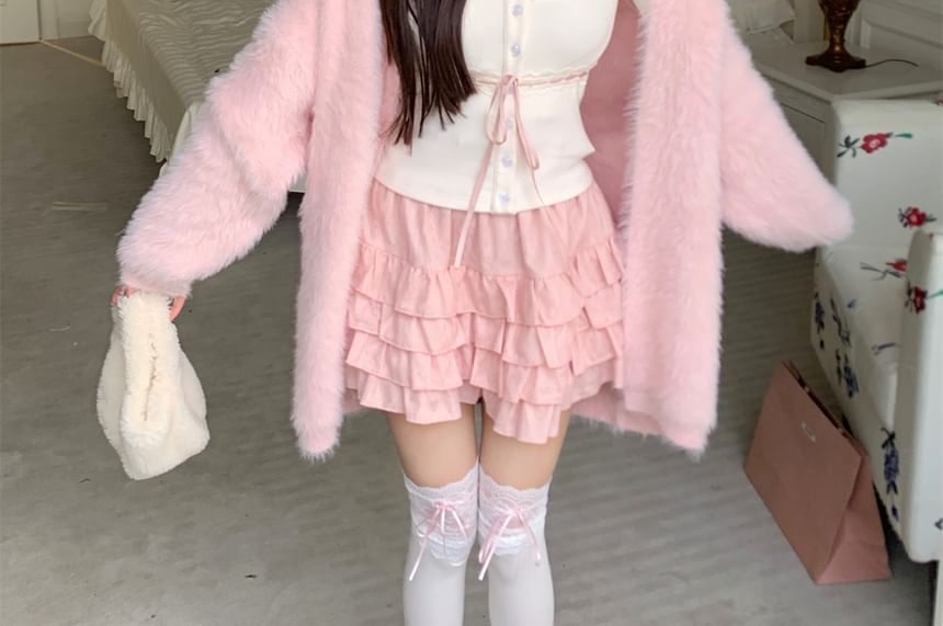 / Plain Ruffle Cami Cardigan Lace A-Line Open Front Waist Top Mini Trim Skirt High Fluffy