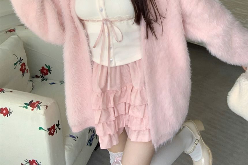 / Plain Ruffle Cami Cardigan Lace A-Line Open Front Waist Top Mini Trim Skirt High Fluffy