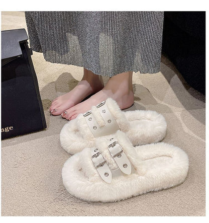 Buckled Fleece Platform Slide Sandals