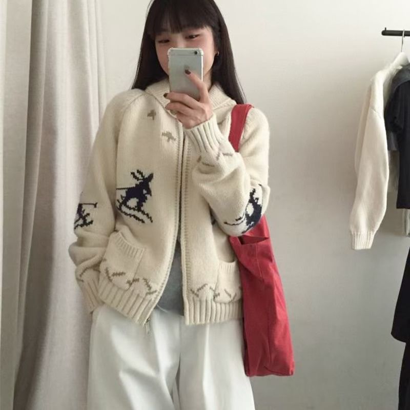 Deer Print Hooded Zip Cardigan