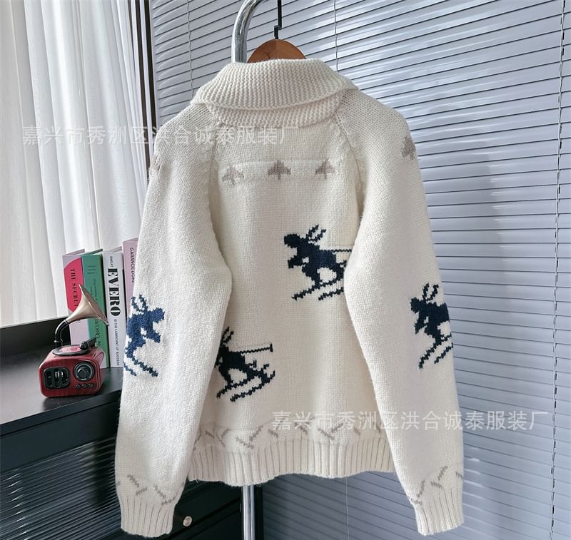 Deer Print Hooded Zip Cardigan