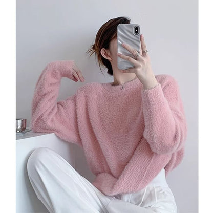 Round Neck Plain Fluffy Sweater