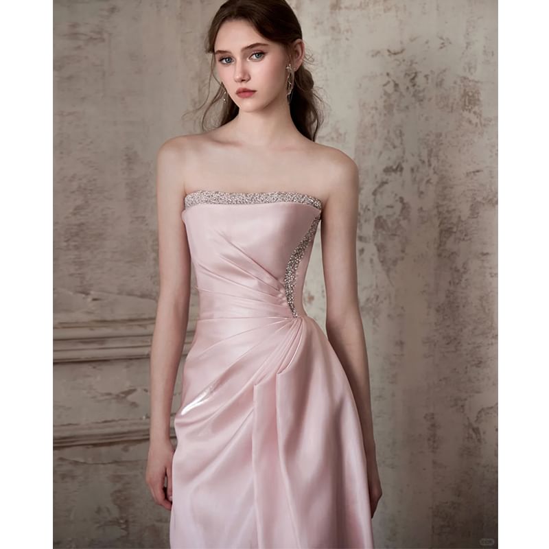 Gown Plain A-Line Strapless Evening Ruched