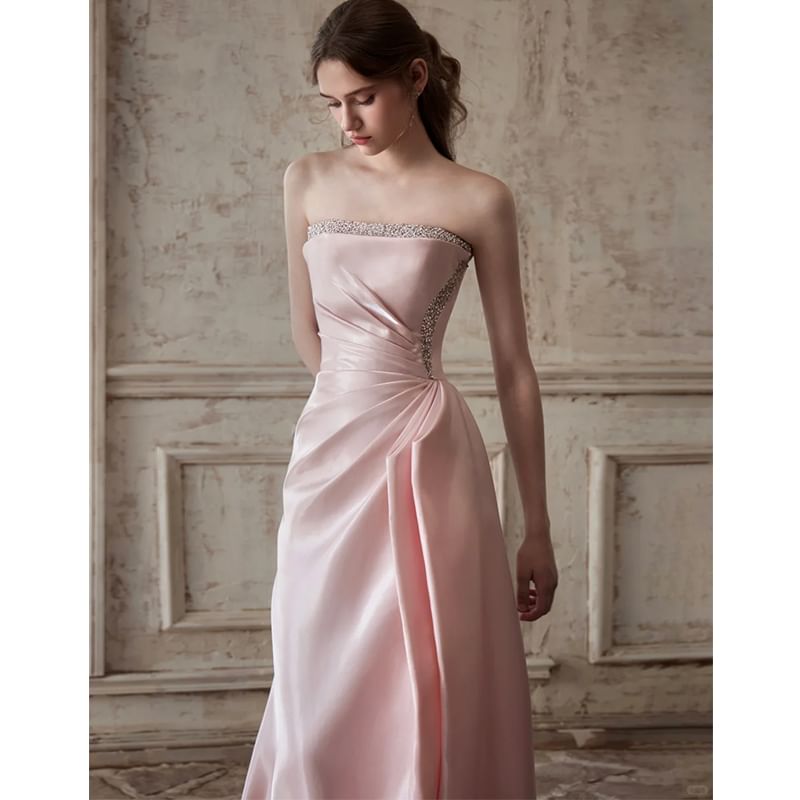 Gown Plain A-Line Strapless Evening Ruched
