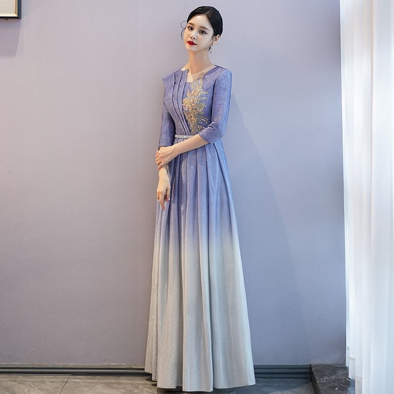 3/4-Sleeve Crew Neck Gradient Sequin Pleated A-Line Evening Gown