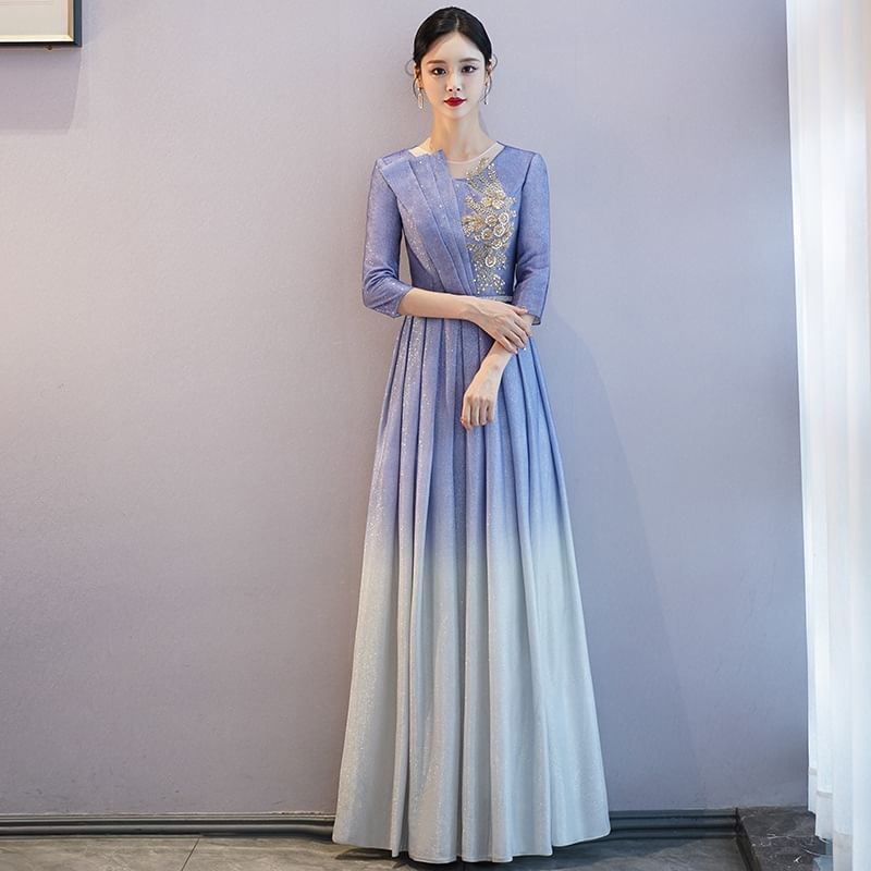 3/4-Sleeve Crew Neck Gradient Sequin Pleated A-Line Evening Gown