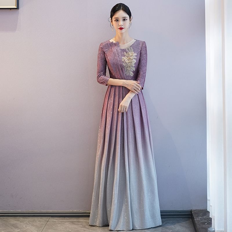 3/4-Sleeve Crew Neck Gradient Sequin Pleated A-Line Evening Gown
